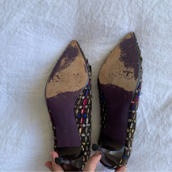 Vintage Richard Tyler Tweed Wool Brown Plaid Tartan Velvet Bow Ribbon Heels Y2K - Picture 8 of 9